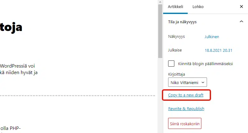 Muokkaustilassa oleva sivun kopiointi näppäin.