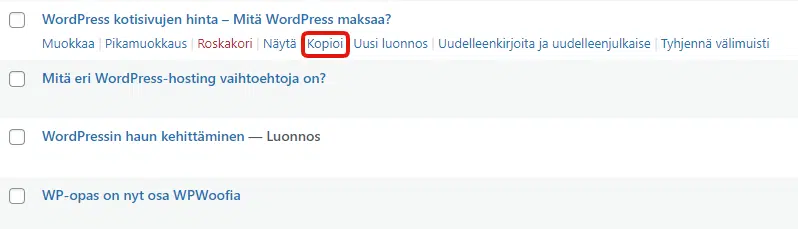 Sivun tai artikkelin kopioiminen artikkelit näkymässä.